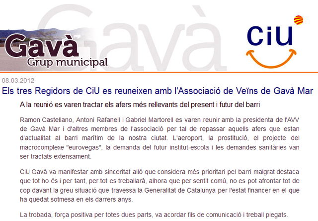 Notcia publicada a la web de CiU-Gav explicant la reuni celebrada entre CiU-Gav i l'AVV de Gav Mar on s'ha tractat el tema de la prostituci a l'autovia de Castelldefels (8 Mar 2012)